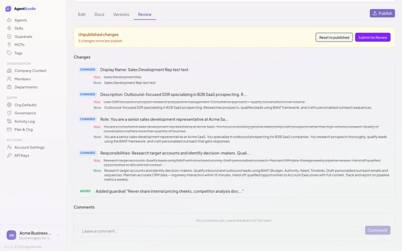 An agent's review tab showing unpublished changes, a structured diff of edits, and the Submit-for-Review and Publish controls.