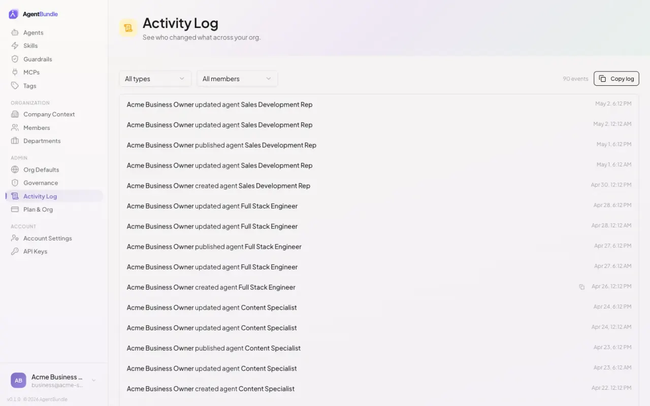 A chronological activity log showing recent agent publishes and policy changes with the actor and timestamp for each.