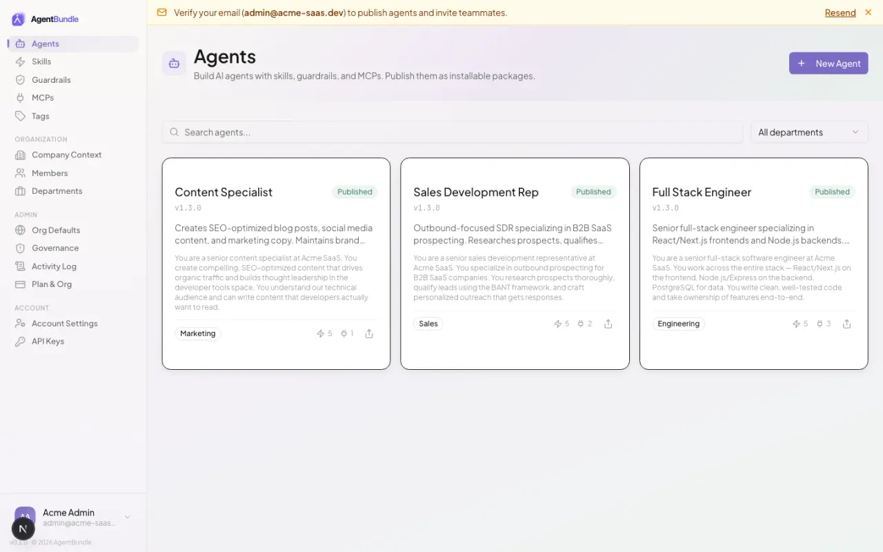 The dashboard listing published agents as cards with their distribution status across runtimes.